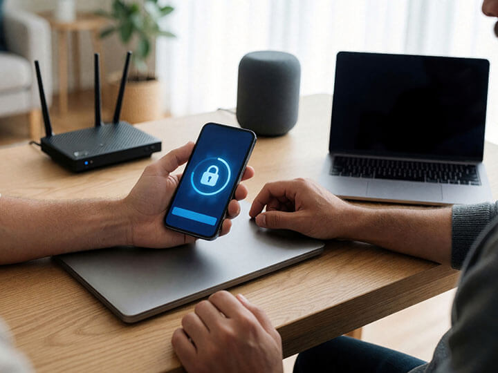 Adult male checks security app on smartphone at home office desk with laptop and wifi router