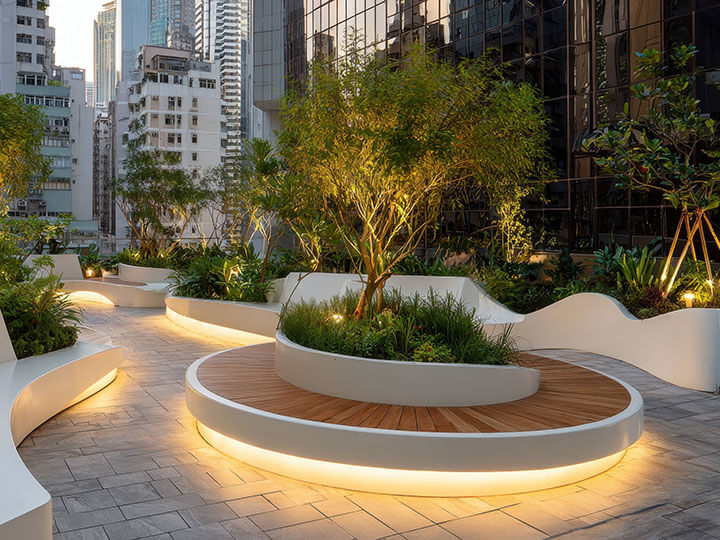 Architectural Lighting in rooftop garden casting warm white glow on curved benches and planters