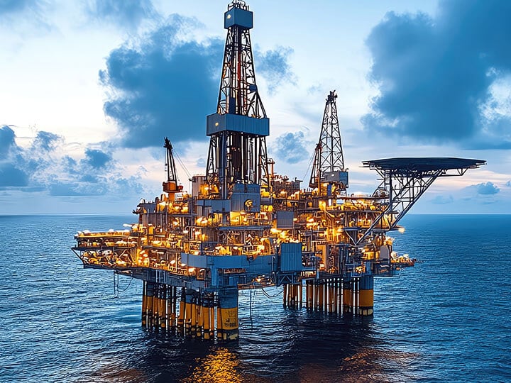 Offshore oil rig lit up at dusk