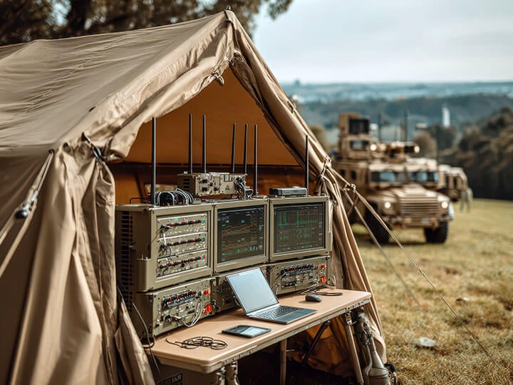 Military communications command post out in the field with essential modern communication systems and a military vehicle in the background