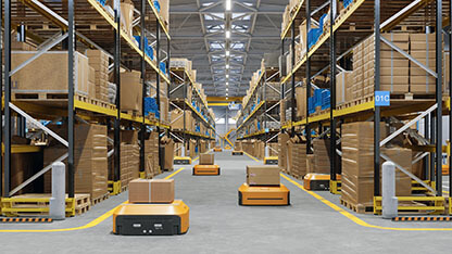 Automated Warehouse with Robots Transporting Boxes