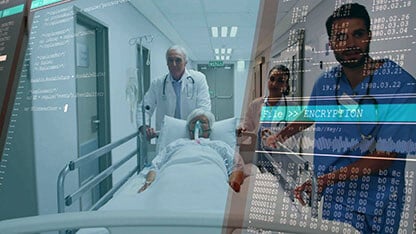 Pushing whitecoat doctor moving patient with O2 mask on gurney down hospital hall, encryption bar