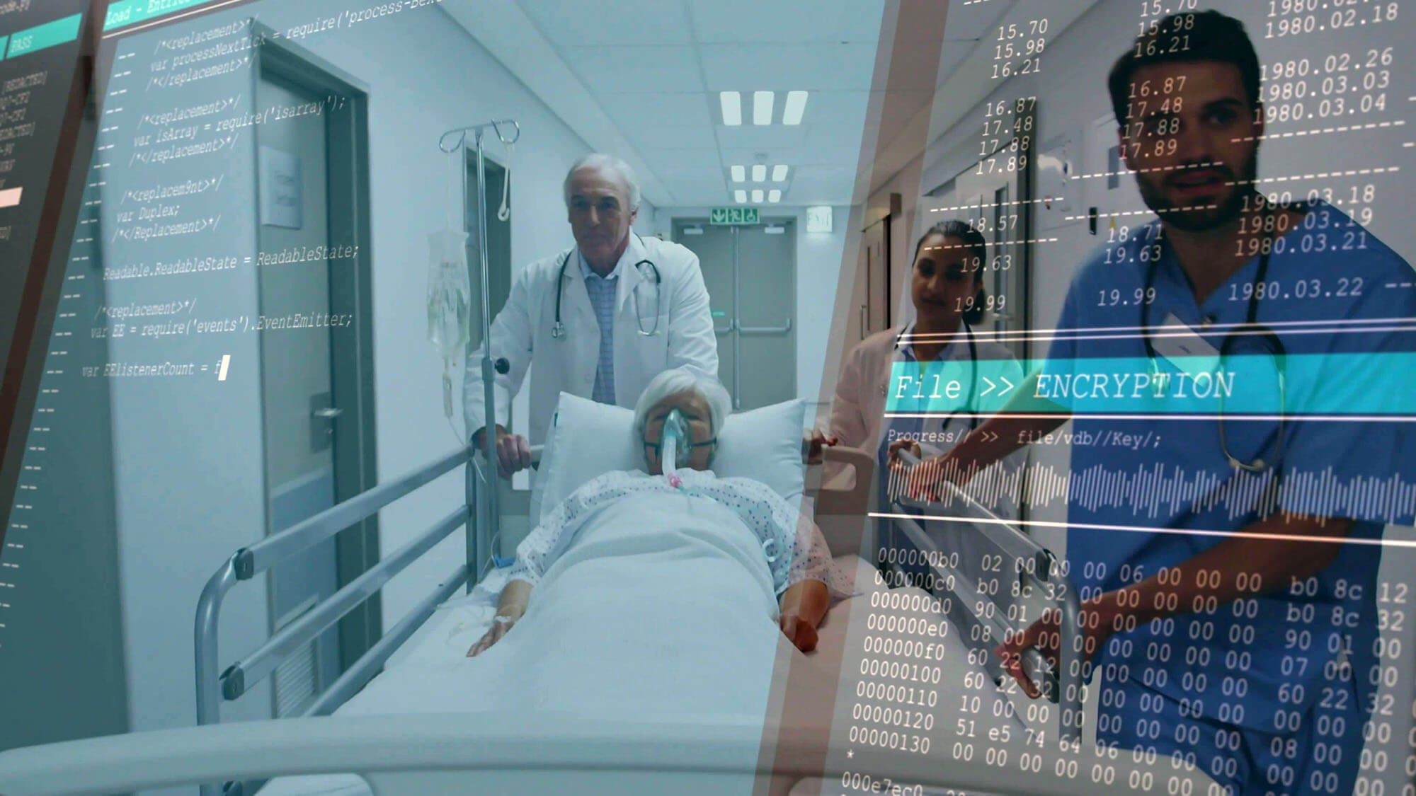 Pushing whitecoat doctor moving patient with O2 mask on gurney down hospital hall, encryption bar