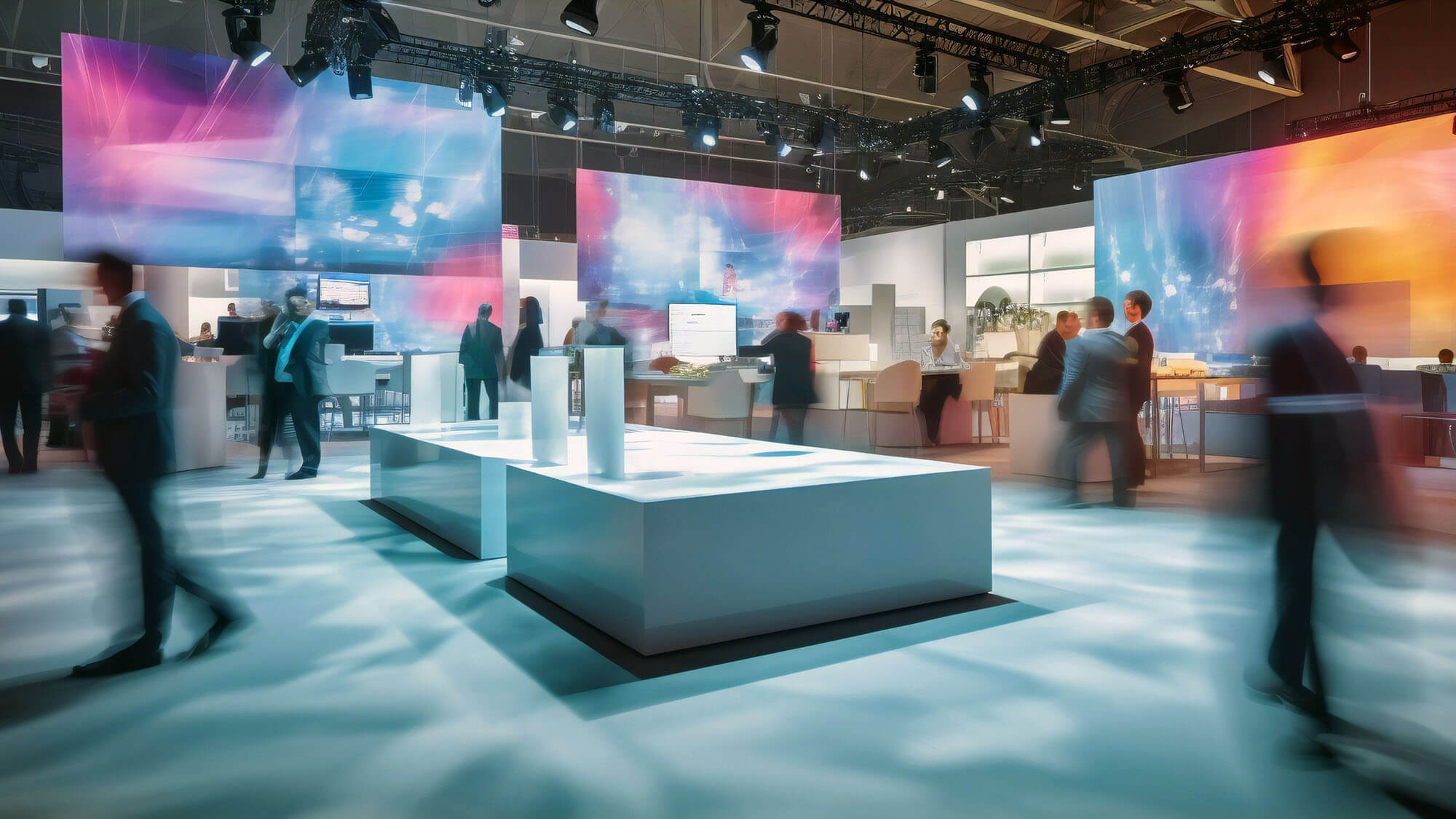 Dynamic IT Business Convention: Long Exposure of Blurred Human Motion at Demo Booth