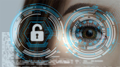 Closeup women eye being futuristic vision for biometric authentication to unlock security, digital technology screen over the eye vision background, security and command in the accesses. Surveillance and safety concept